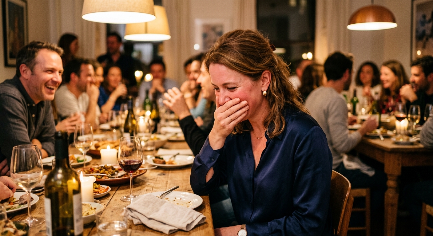 Woman embarrassed at dinner